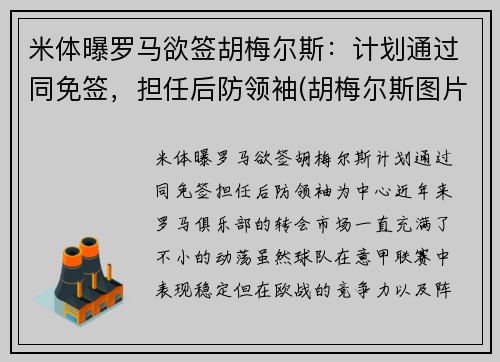 米体曝罗马欲签胡梅尔斯：计划通过同免签，担任后防领袖(胡梅尔斯图片)